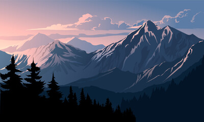 sunset in the mountains with silhouette of forest