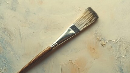 A single paintbrush lies on a textured canvas background.