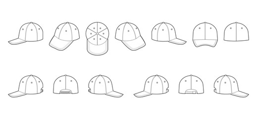 Set of Baseball Dad Cap Hat. Summer Head Fashion accessory clothing technical illustration. Vector headgear for Men, women, unisex style, flat template CAD mockup sketch outline isolated