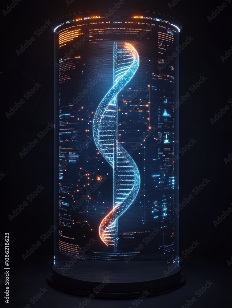 Poster a glowing dna double helix is displayed, surrounded by scientific data and analysis, emphasizing bio