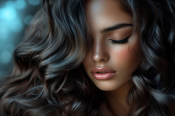 Naklejka premium Dark brunette hair model woman posing for haircare products, highlighting soft, shiny black hair dye. ideal for beauty,haircare products or hair treatment