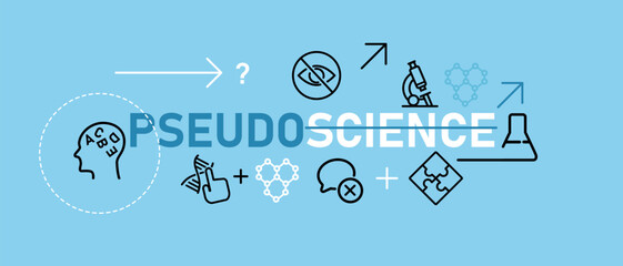pseudoscience pseudo science icon simple set graphic header poster illustration symbol concept of false fake information misinformation blue background academic
