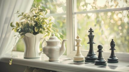Chess Pieces and Morning Coffee with Donuts on Windowsill