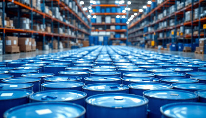 Obraz premium Rows of blue industrial drums in a spacious warehouse emphasize organization, logistics, and inventory management.