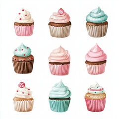 Colorful assortment of delicious cupcakes in various styles. white background