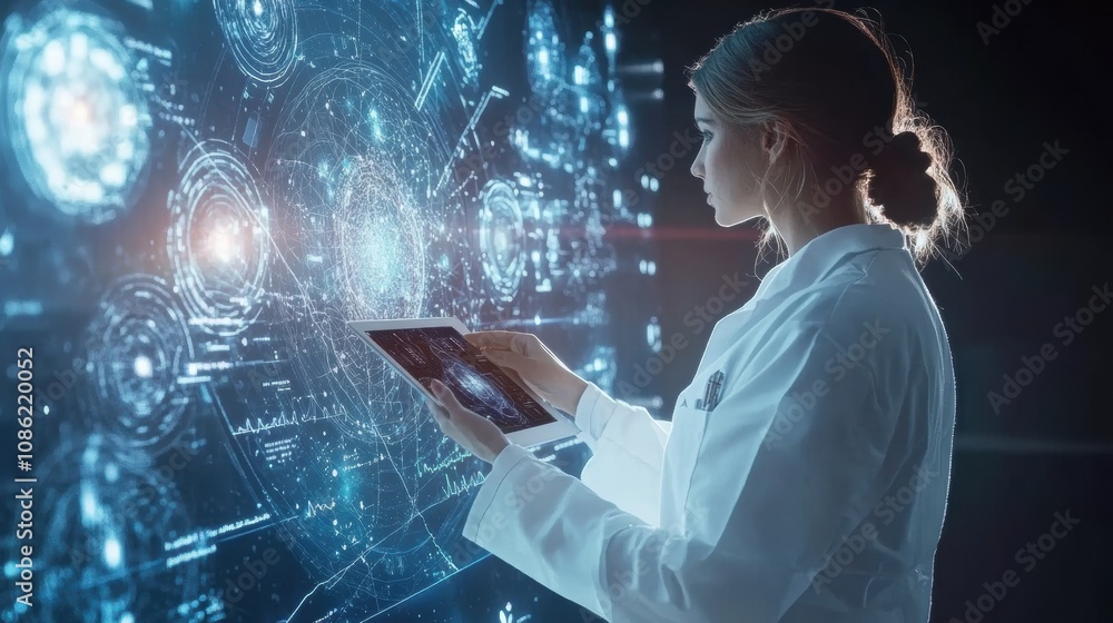 Aufkleber a doctor, wearing a white coat, is focused on examining digital data displayed on a high-tech screen