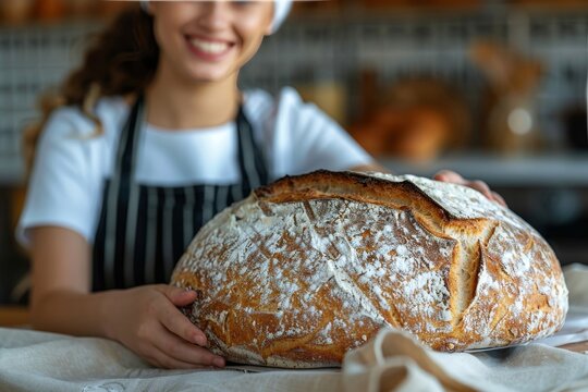 A smiling baker presents a beautiful round loaf of freshly baked sourdough bread in a rustic kitchen. The warm atmosphere highlights the joy of baking and the delight of homemade bread. - Powered by Adobe