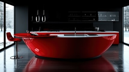 Modern red kitchen island in a sleek, minimalist design.