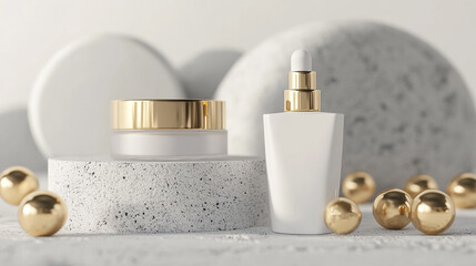 Elegant skincare mockup featuring cream and serum on a textured surface with decorative spheres