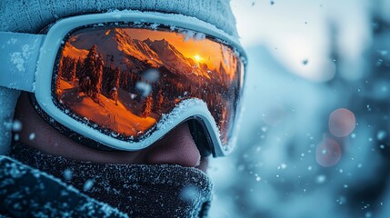 Reflections of a snowy mountain landscape in ski goggles during winter sports adventure at dusk
