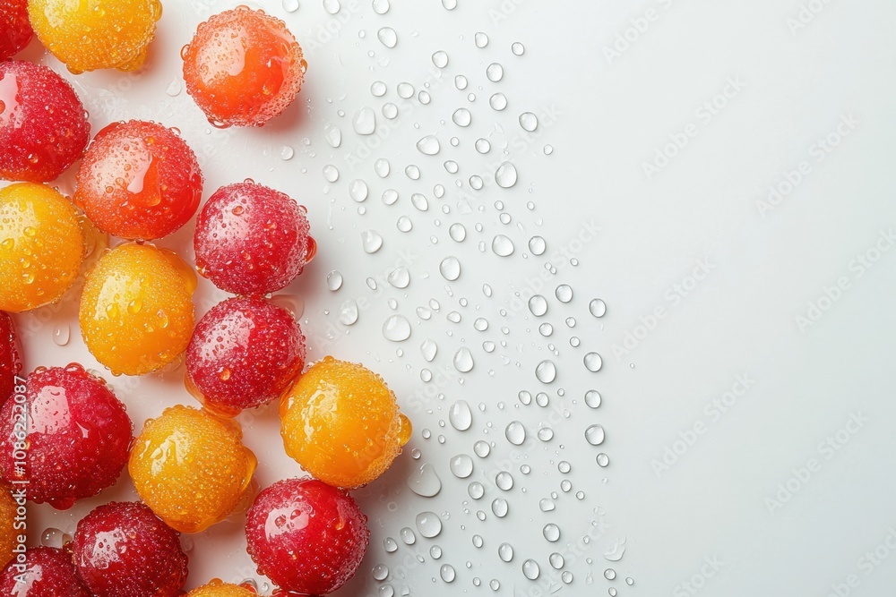 Poster brightly colored fruit-shaped candies glisten with droplets, presenting a delightful array of red an