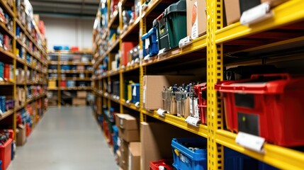 A well-organized warehouse aisle filled with colorful storage bins, tools, and boxes, showcasing a variety of products and efficient inventory management.