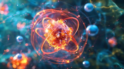 Intricate illustration of protons and neutrons within an atomic nucleus surrounded by electrons