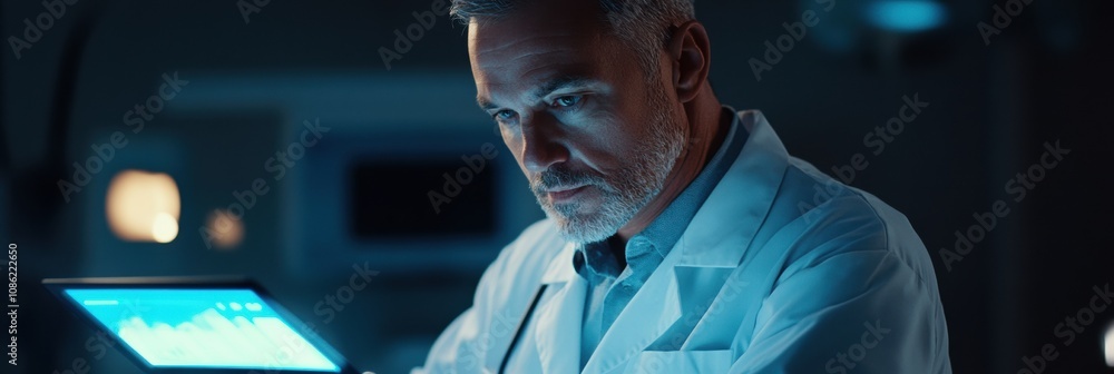 Leinwandbilder a doctor dressed in a white coat focuses intently on medical data displayed on a tablet in a darkene