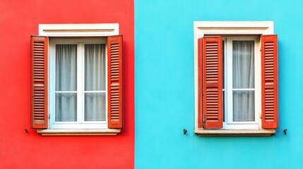 Colorful windows on contrasting red and blue walls.