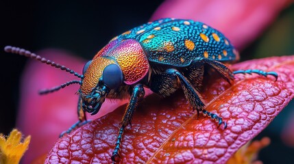 Fototapeta premium an Amazonian Jewel Beetle perched on a tropical leaf, its iridescent green, blue, and purple body shimmering under the rainforest light.the intricate patterns and metallic textures on its exoskeleton 
