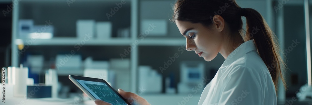 Aufkleber a doctor in a white coat focuses on a tablet, analyzing patient information in a well-lit and organi
