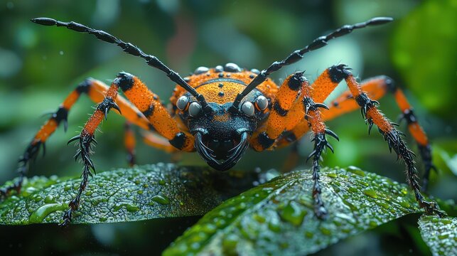 an Amazonian Assassin Bug crawling on a leafy branch, its spiny legs and long proboscis sharply defined. The fine textures of its armored body are rendered in exquisite detail, highlighting its predat