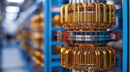 A close-up of a sophisticated quantum computing component, showcasing intricate gold-plated circuits and advanced technology within a modern facility.