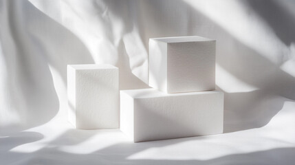 Three minimalist white blocks arranged on a soft fabric backdrop with gentle shadows