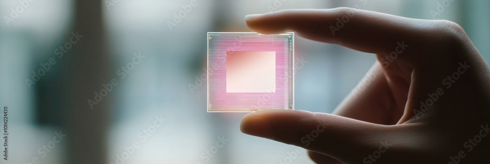 Aufkleber a hand is holding a transparent micro biochip that features a holographic screen with various health
