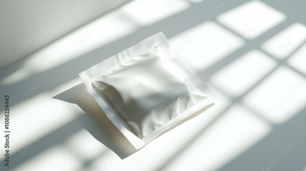 Poster mockup of a sealed product package placed on a bright surface with shadow patterns