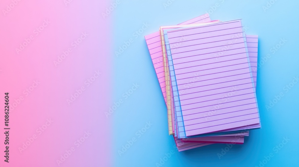 Poster a stack of colorful lined papers on a gradient background.