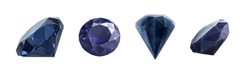 Four stunning deep blue gemstones in various cuts, showcasing their brilliance and clarity.