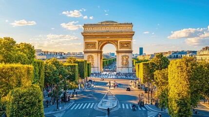 A stunning view of the Arc de Triomphe in Paris, framed by lush trees and a vibrant sky, showcasing the city's iconic architecture and charm.