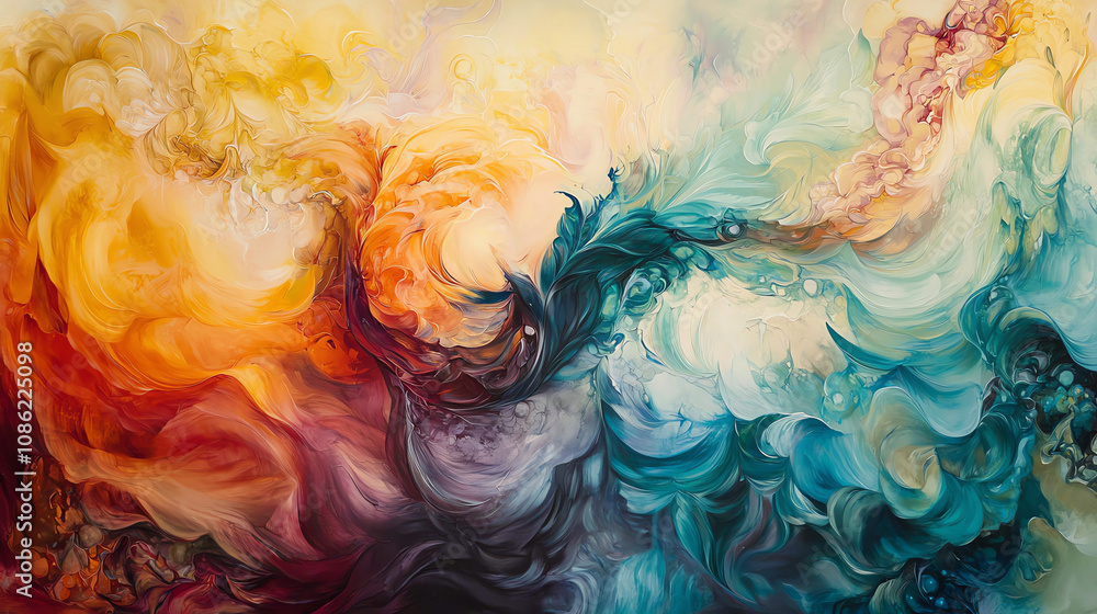 Poster an abstract swirl of vibrant colors resembling flowing paint blends seamlessly in a dynamic composit