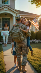 A joyful military father reunited with his daughters at home, with a welcoming sign in the background. Ideal for veterans day, military appreciation, and emotional storytelling themes
