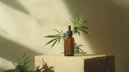 Aesthetic mockup of a dropper bottle surrounded by cannabis leaves in soft natural light