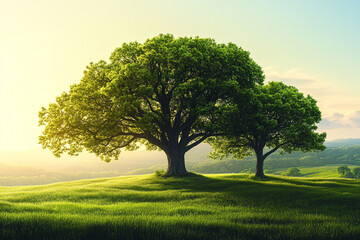 Fototapeta premium Two Majestic Trees on a Verdant Hillside at Sunset