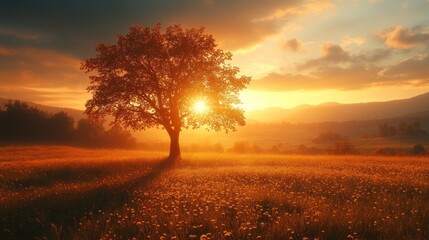 Fototapeta premium Sunset Landscape with a Lone Tree
