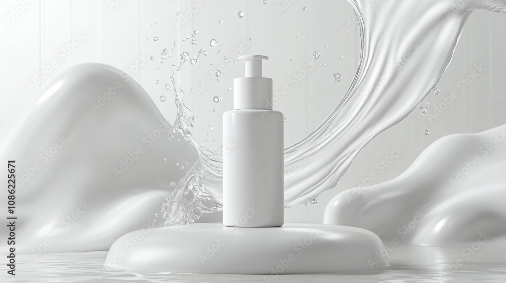 Aufkleber elegant mockup of a skincare bottle with splash effect on a white surface in a minimalistic setting