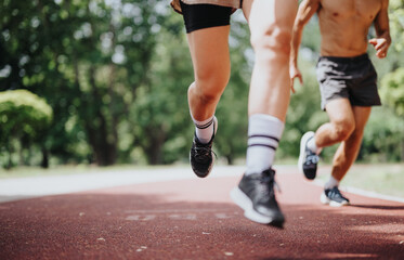Athletic people running on an outdoor track in a park. A healthy lifestyle and fitness concept with...