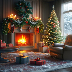 성탄, 난로, 나무, 방, home, 불, 성탄, 공휴일, 크리스마스 트리, 데코, 라이트, celebration, 겨울, 산타, home, 기증, 생활, 가정, 선물, 나이트, 윈도우, 데코, 장식, 거실