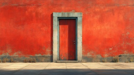 A vibrant red wall with a contrasting door, inviting exploration.