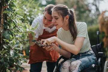 A young man with Down syndrome assists a woman in a wheelchair while gardening. They are trimming...