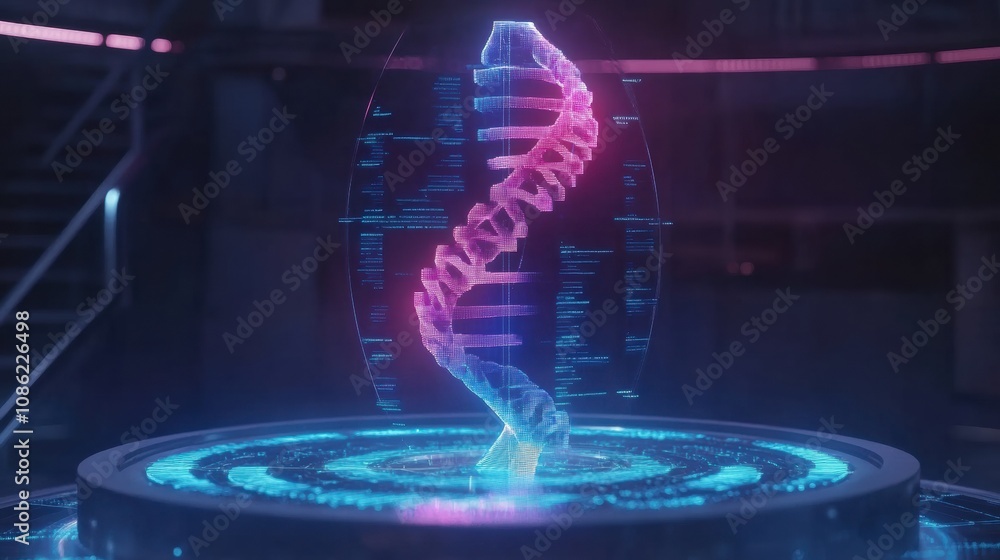 Fototapete A colorful digital model of DNA presents a double helix illuminated in blue and pink, highlighting genetic structures in a lab environment. Generative AI