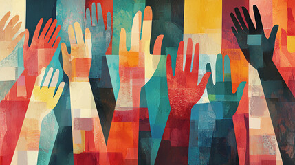 Abstract representation of diverse hands raised in unity, symbolizing support and community engagement in a vibrant, colorful setting