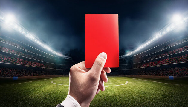 Hand with a red card in a football arena
