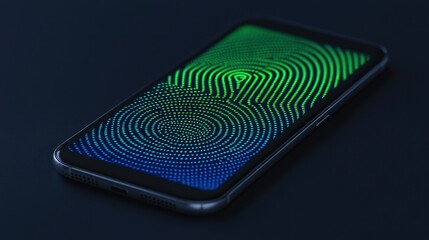 A stylish smartphone displaying vibrant green and blue fingerprint patterns on its screen, set against a dark background.