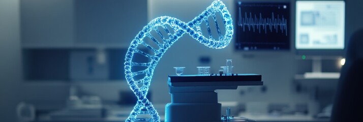 A mesmerizing DNA double helix is illuminated, showcasing genetic research in progress with scientific instruments surrounding it. Generative AI