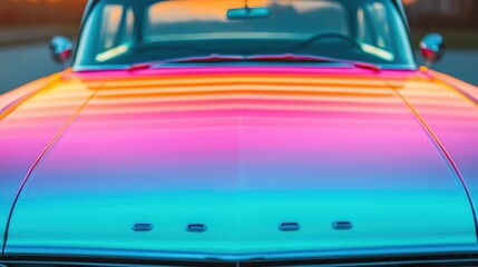 A vibrant, colorful vintage car showcases an eye-catching gradient finish, reflecting hues of pink, orange, and blue against a softly blurred background.