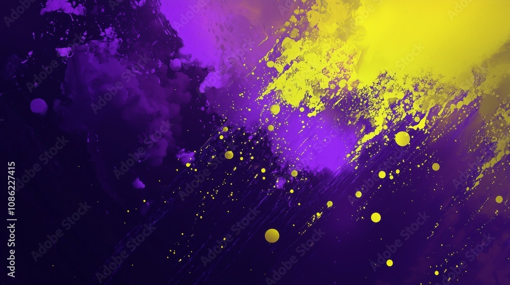 Poster radiant neon gradient blending of yellow and deep purple with abstract paint splashes and dots on a 