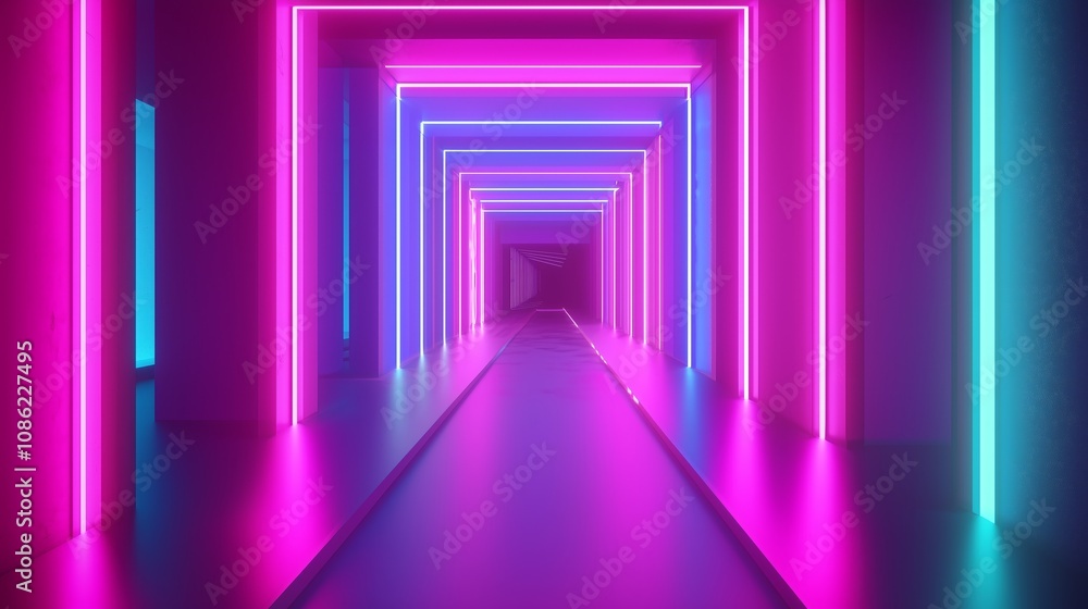Poster futuristic neon corridor with gradient transitioning lights in a virtual space, illustrating a moder