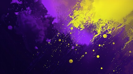 Radiant Neon Gradient Blending of Yellow and Deep Purple with Abstract Paint Splashes and Dots on a Dark Background for Creative Use