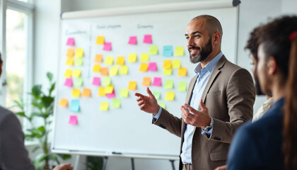 Professional presenting ideas on a sticky note-filled whiteboard to an engaged team.