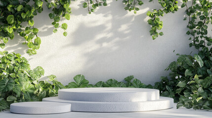 Stylish mockup featuring circular podiums surrounded by lush green plants in a modern setting